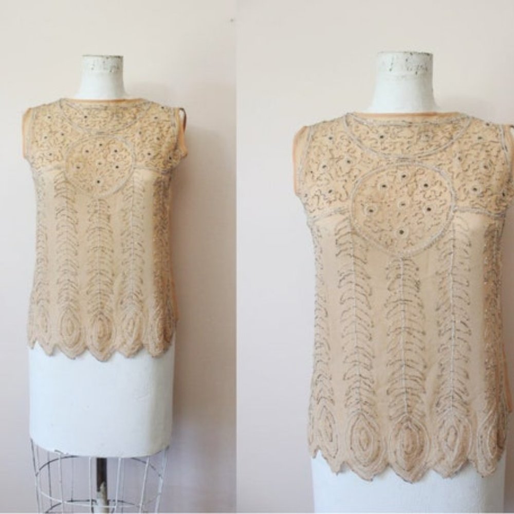 1920s 1910s Nude skin tone peach silk sheer beaded sleeveless blouse top XS S